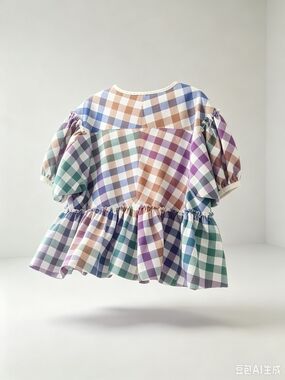 Comme des Garcons Multicolor Gingham Puff Sleeve Top in Blue, Green, Purple, Tan